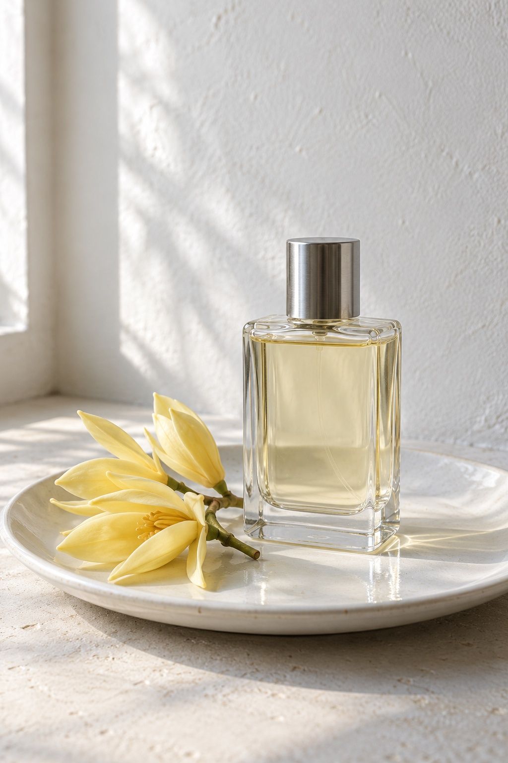 A clear glass perfume bottle of pale straw coloured perfume on a white enamel plate beside fresh champaca flowers