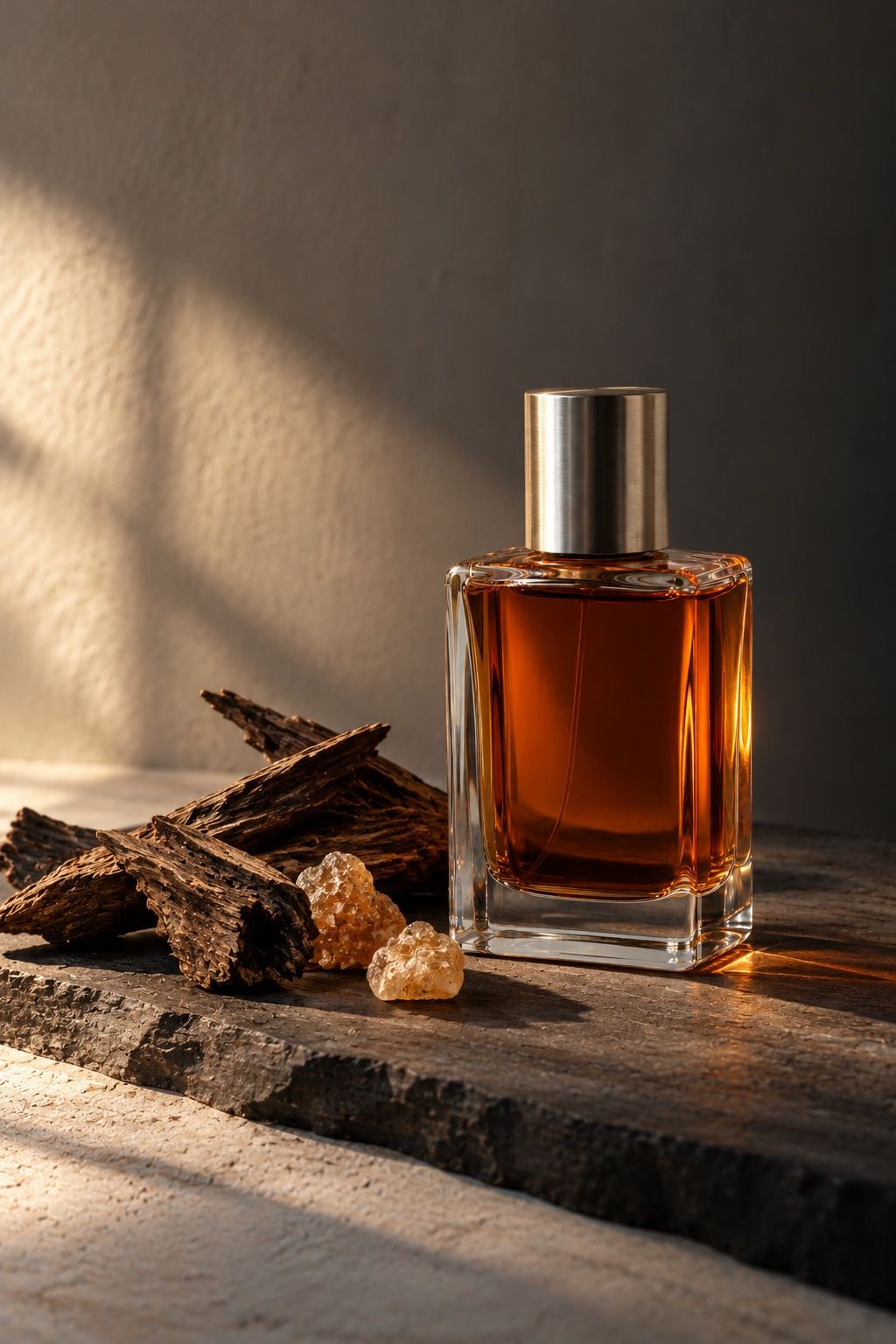 A clear glass perfume bottle of deep amber perfume on dark slate beside agarwood chips and lumps of benzoin resin