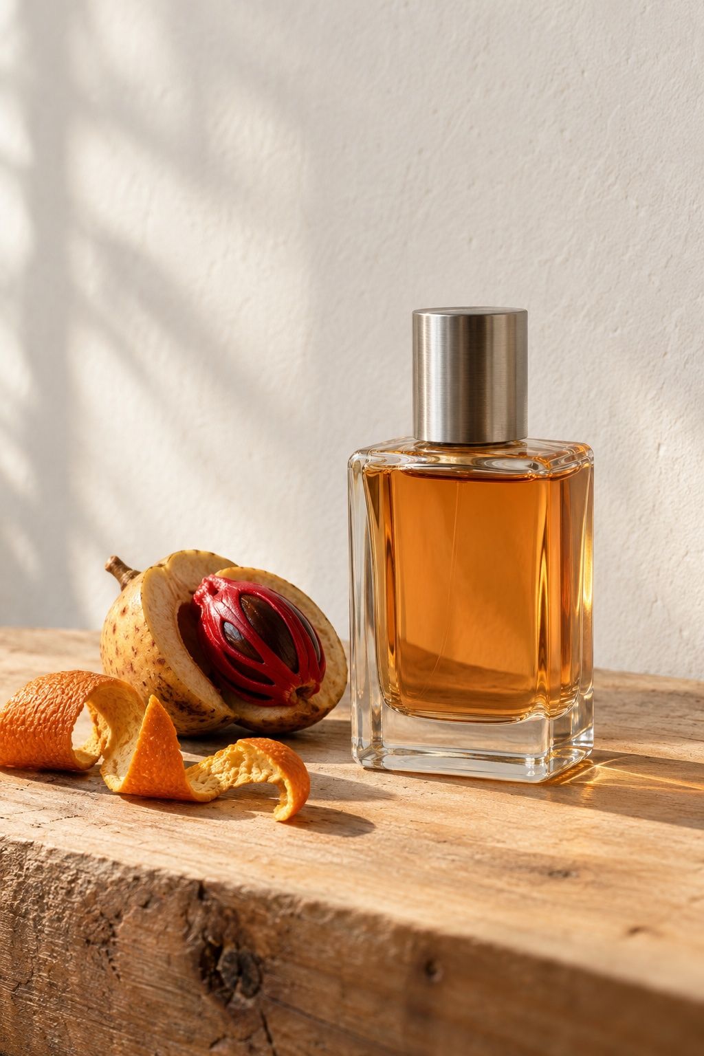 A clear glass perfume bottle of copper coloured perfume on pale timber beside a split nutmeg fruit with red mace