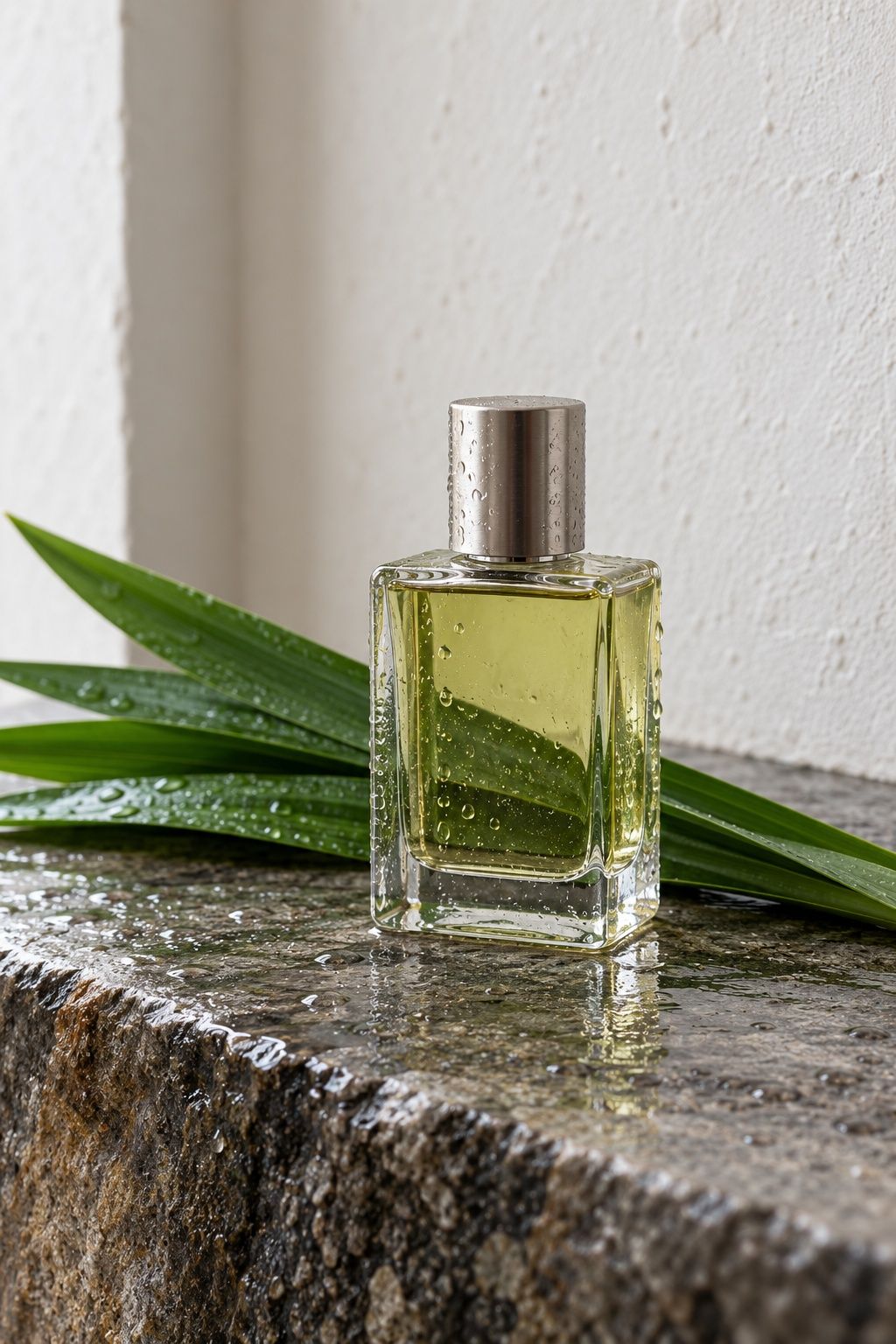 A clear glass perfume bottle of pale green gold perfume on wet grey stone, pandan leaves behind it