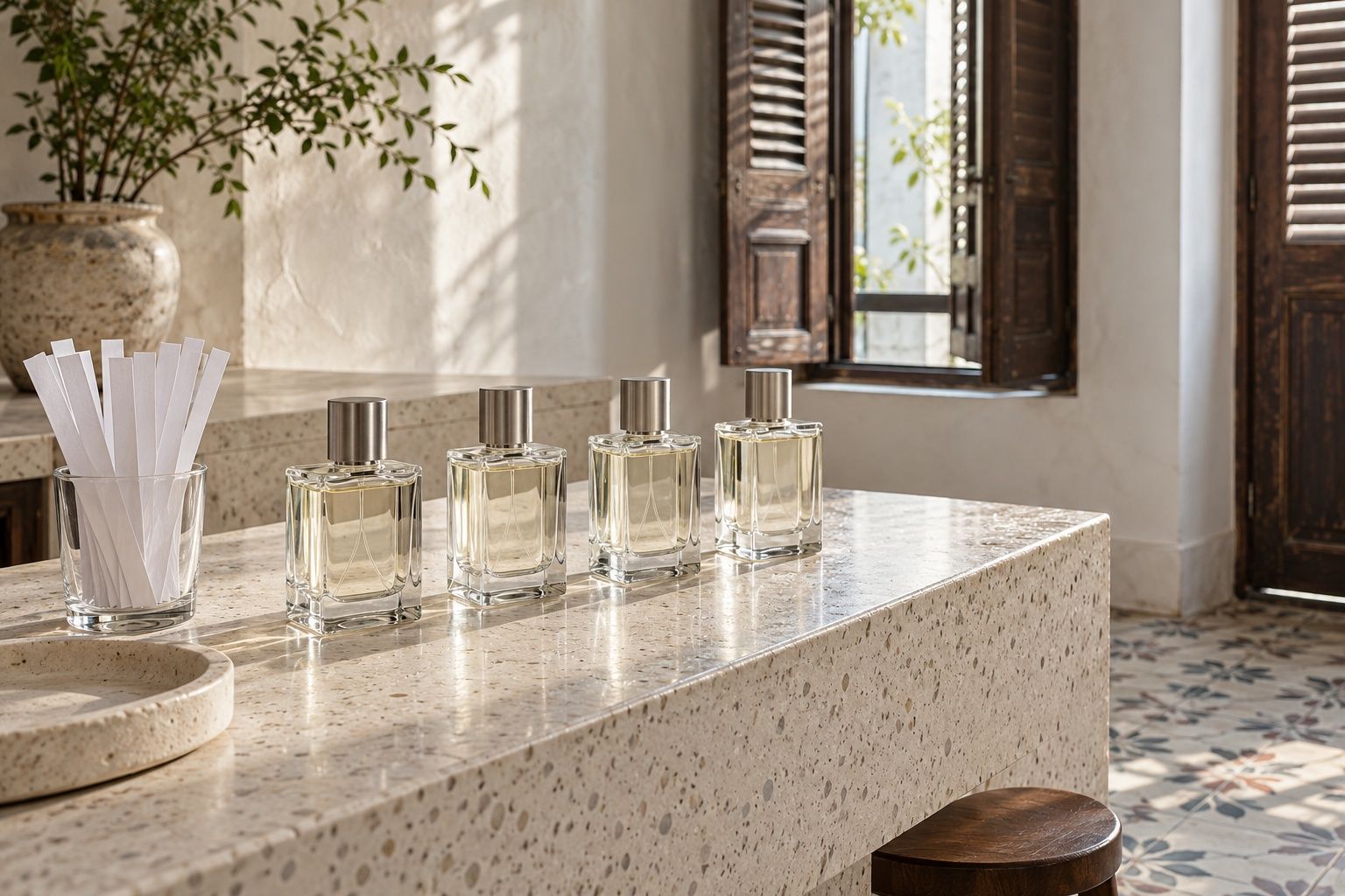 Inside a restored shophouse perfume atelier with a terrazzo counter, bottles in a row and timber shutters