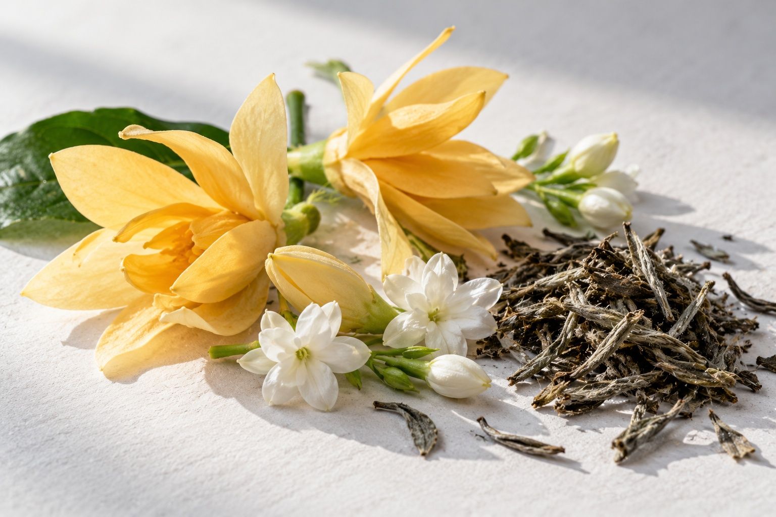 Fresh champaca and jasmine flowers on white paper beside a small heap of dry white tea leaves