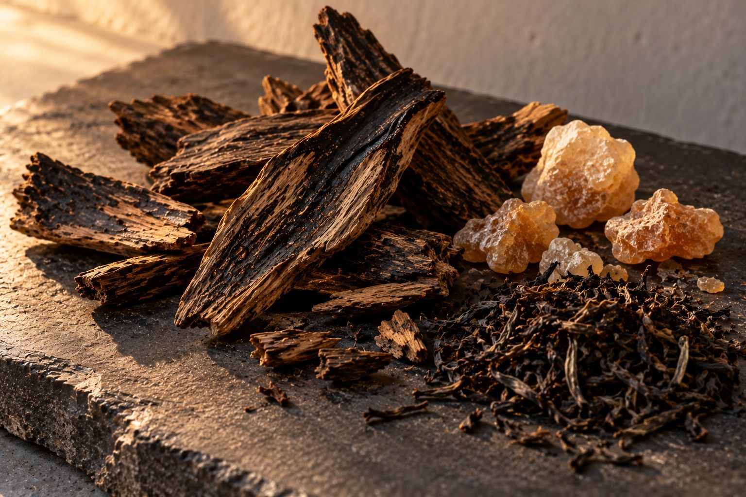 Dark resinous agarwood chips, lumps of benzoin resin and smoked tea leaves on slate