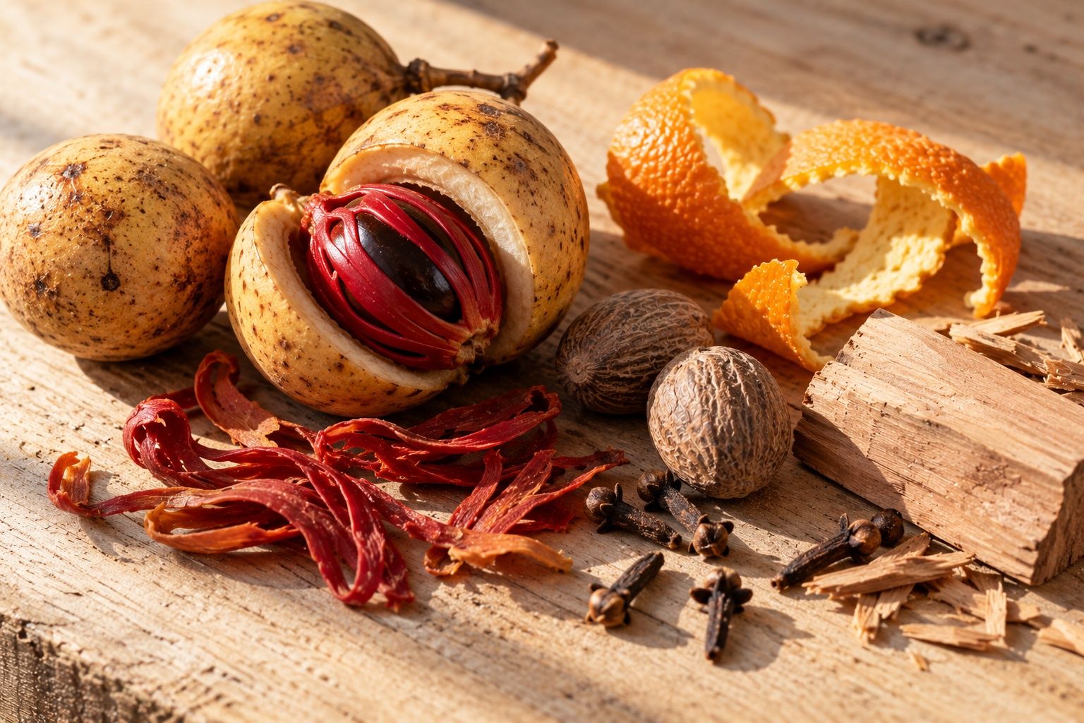 Whole and split nutmeg fruits with red mace, cloves, dried orange peel and a block of sandalwood on timber
