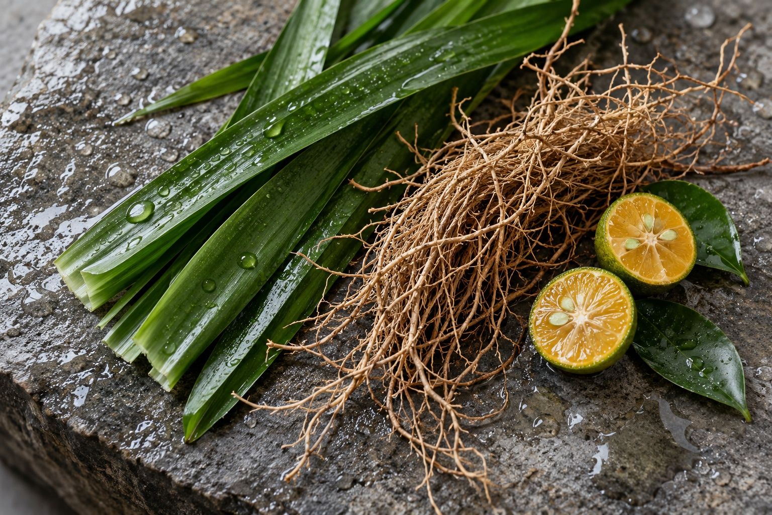Pandan leaves, dry vetiver roots and halved calamansi limes on wet stone, seen from above