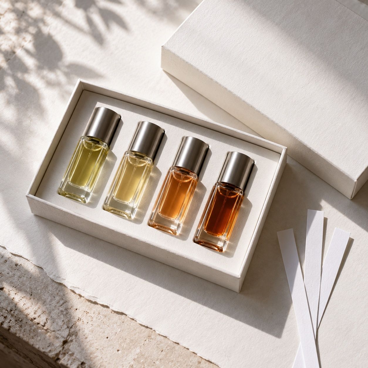 A discovery set from above: four small glass vials of perfume in four colours in a white card tray